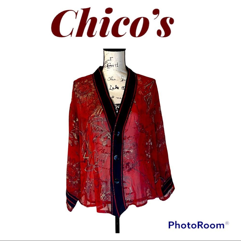 Chico's Sheer Floral Style Button Down  Poncho